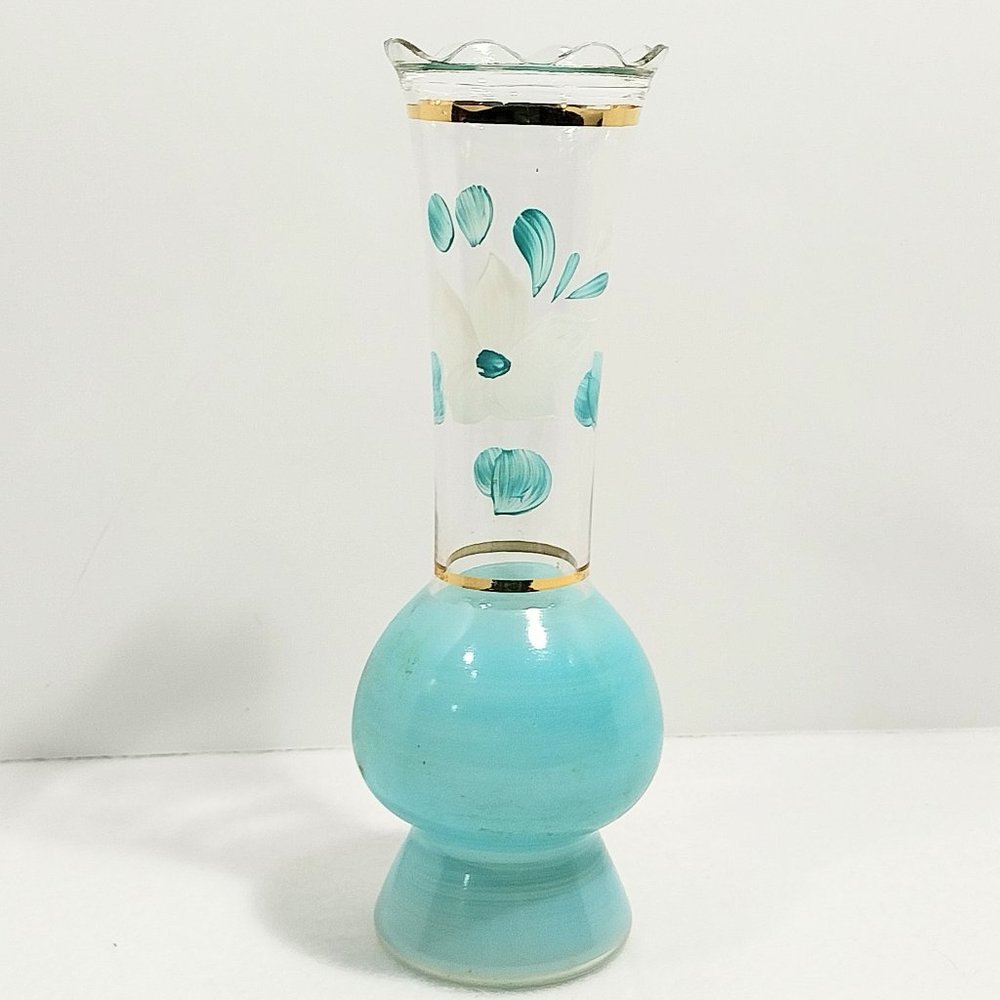 Vintage Bartlett Collins Blue Frosted Handpainted Clear Glass Vase #1336